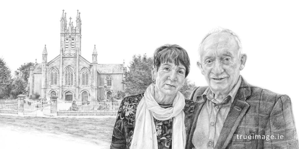 pencil portrait drawing of elderly couple with church