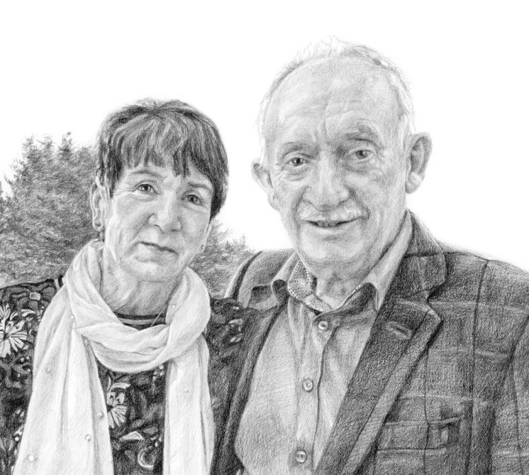 pencil portrait drawing of elderly couple in detail