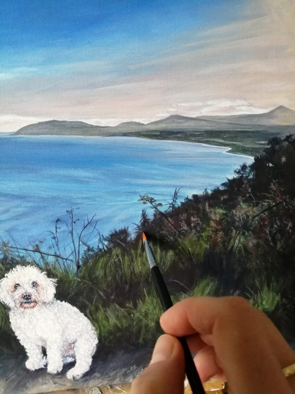 acrylic painting of killiney bay and bichon frise dog