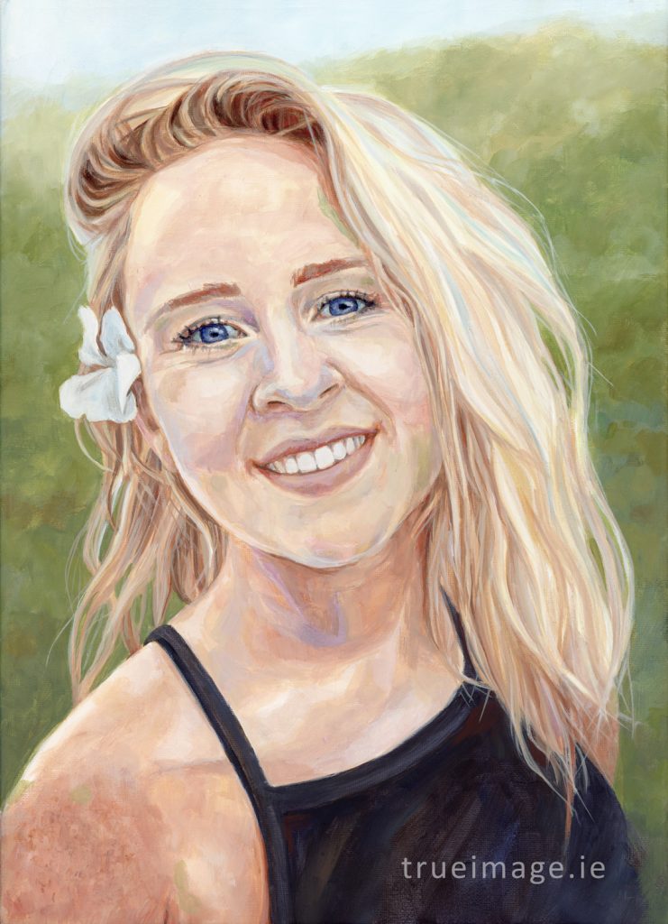 acrylic portrait painting of a young woman smiling