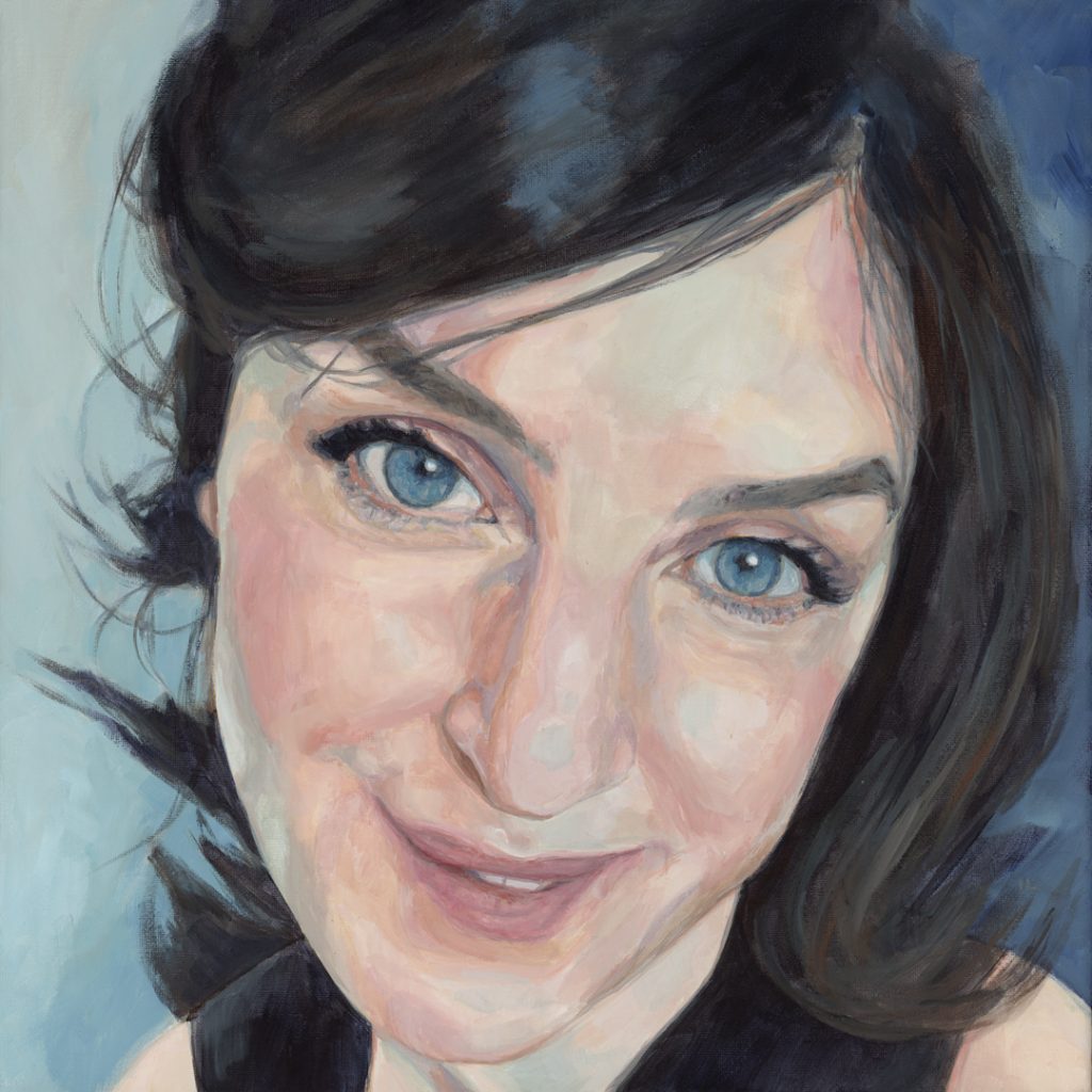 portrait painting of a dark haired woman smiling