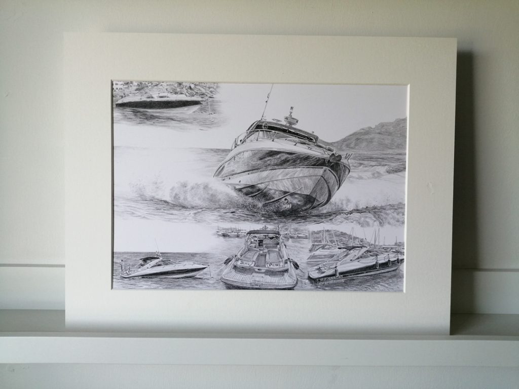 pencil drawing of speedboats in a mount