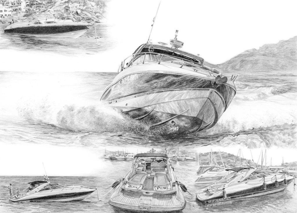graphite pencil drawing on paper of speedboats