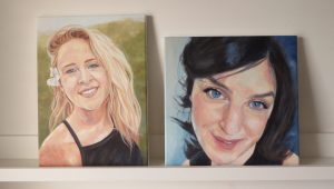 two paintings of young women smiling