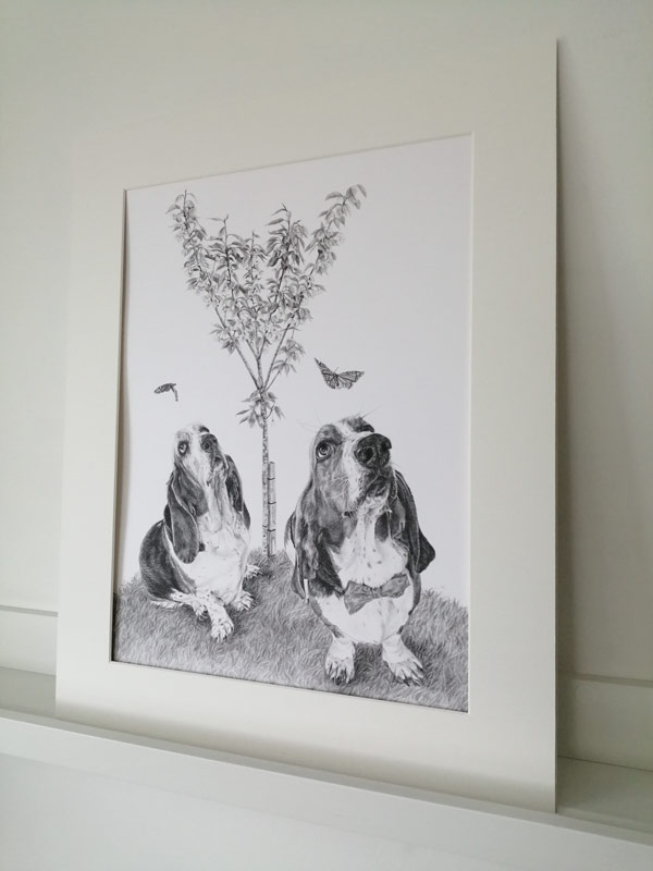 a dog portrait drawing in a mount