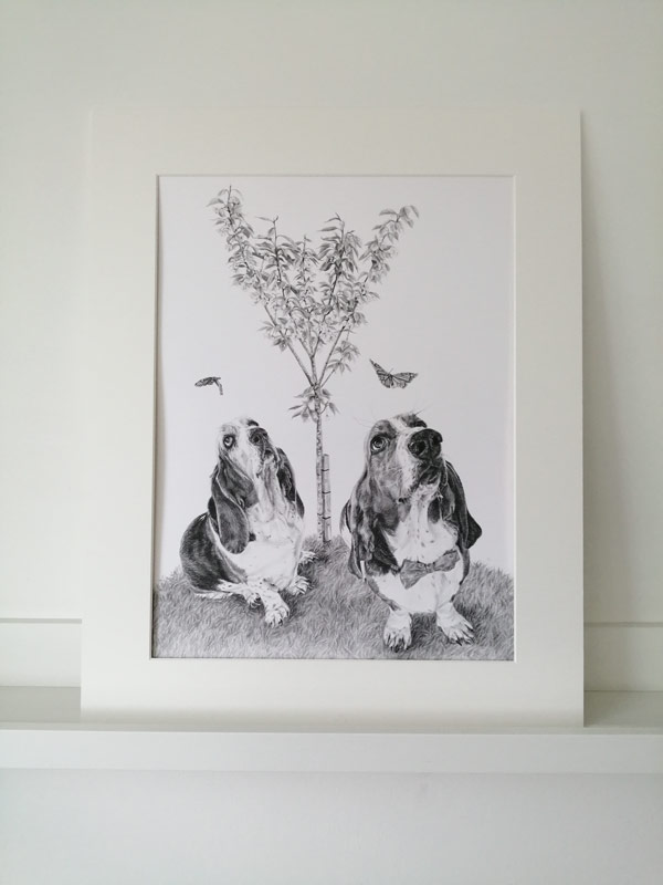 mounted drawing of two basset hound dogs