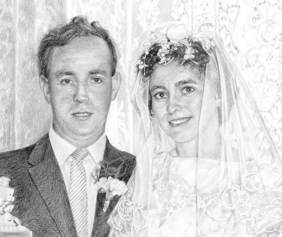 close up of a pencil portrait of a wedding couple