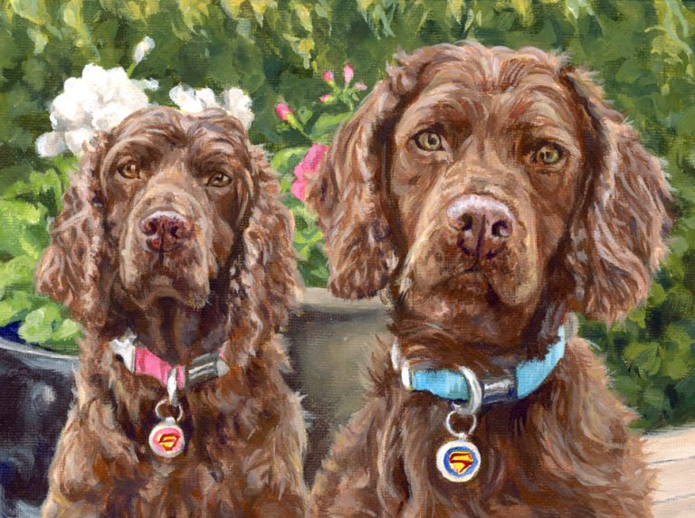 close up of an acrylic portrait painting of two cocker spaniels