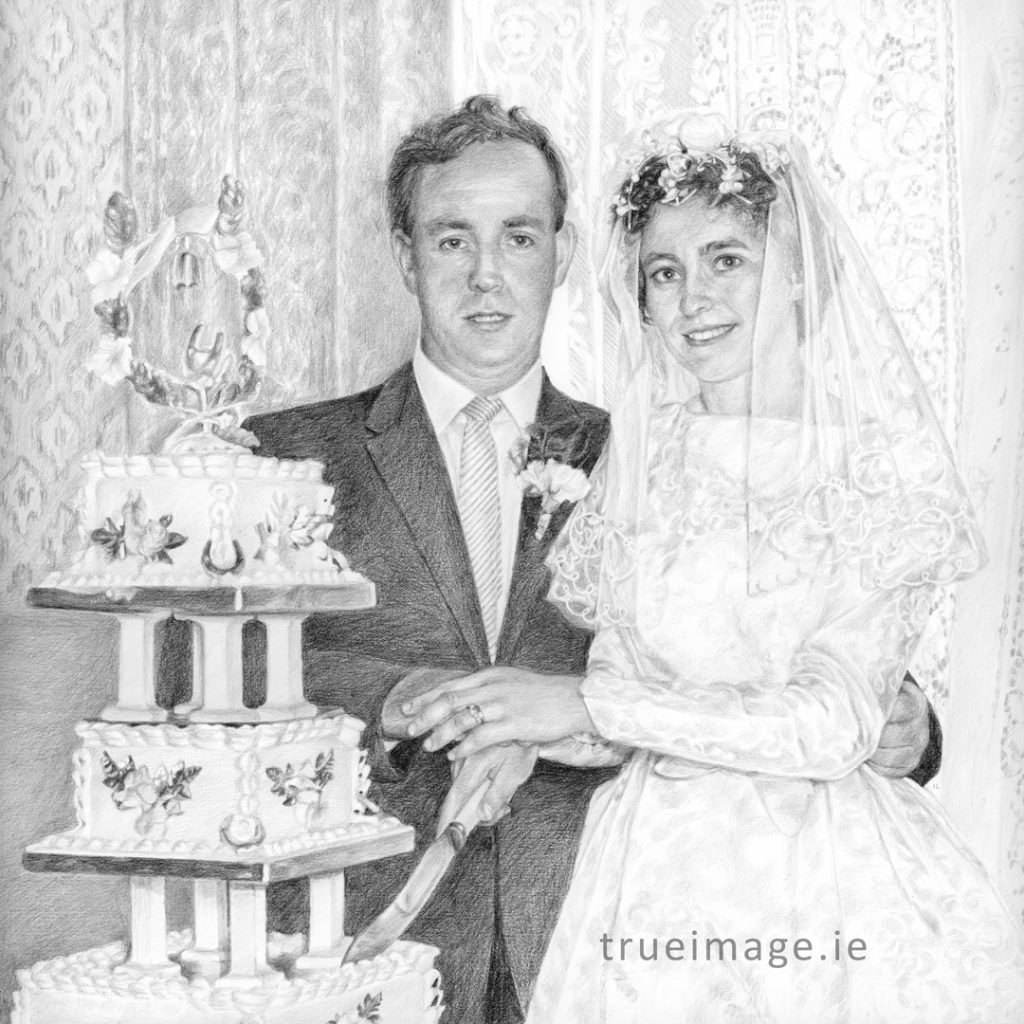 drawing of bride and groom cutting wedding cake