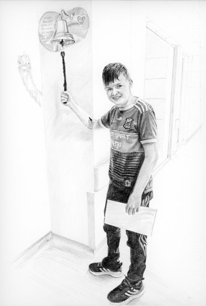 teenage boy ringing a hospital bell portrait drawing