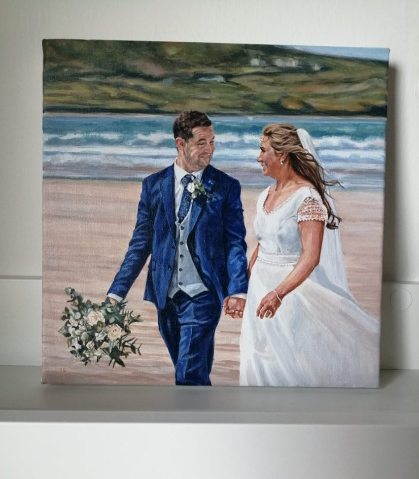 bride and groom portrait painting in acrylic