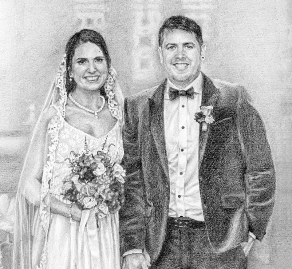 pencil drawing of a wedding couple smiling