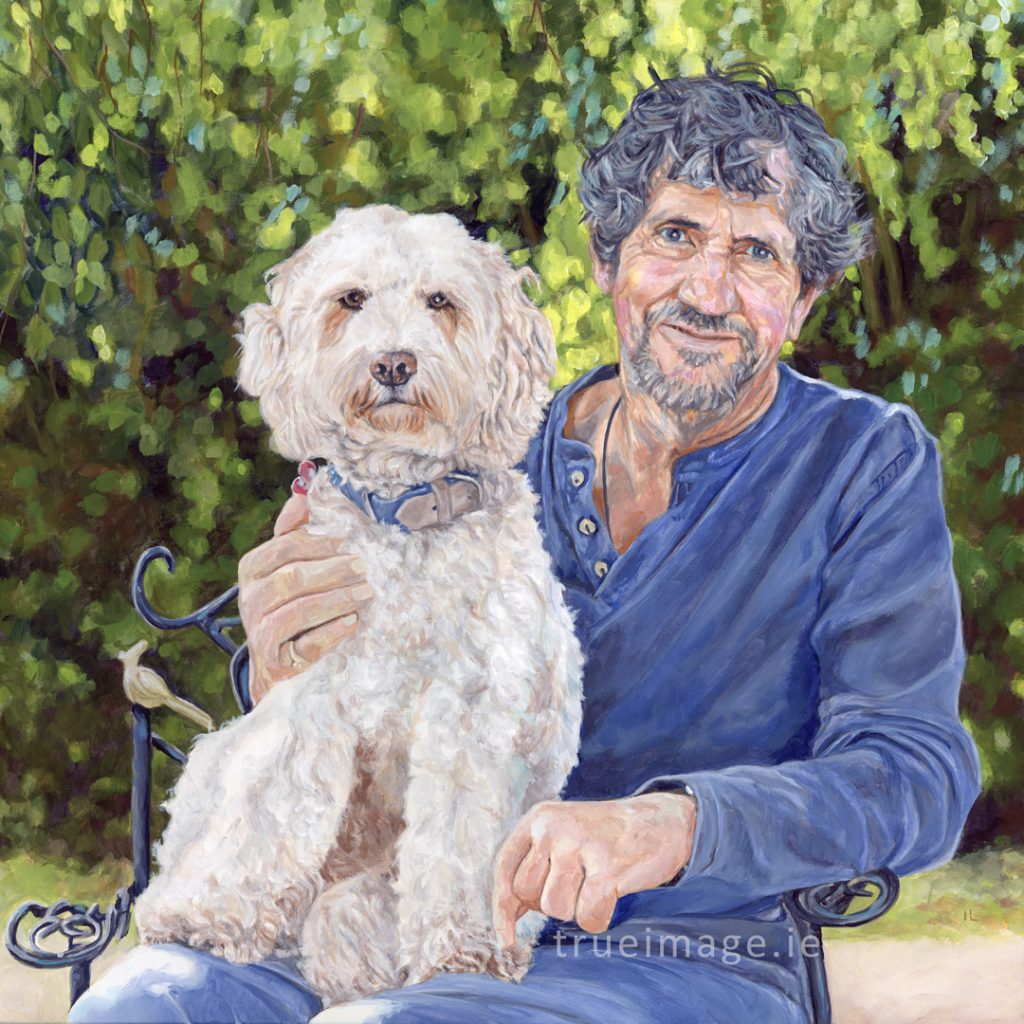 portrait painting of a man with his cockapoo dog