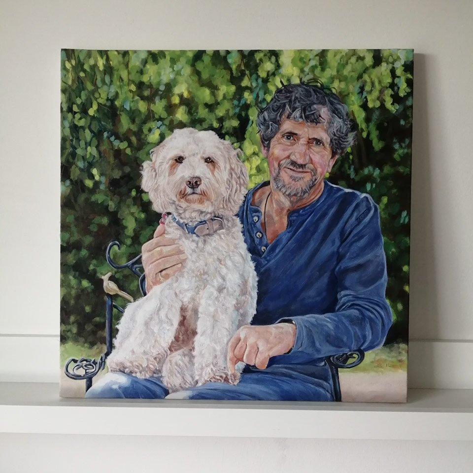 painting on canvas of charlie bird and his dog tiger