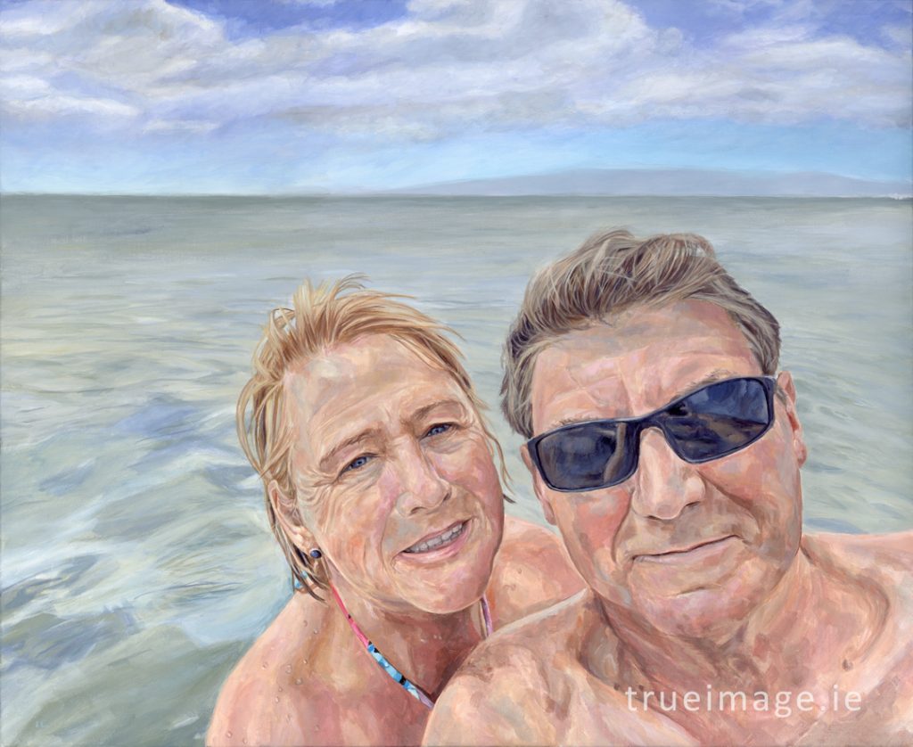 acrylic portrait painting of a couple bathing in the sea