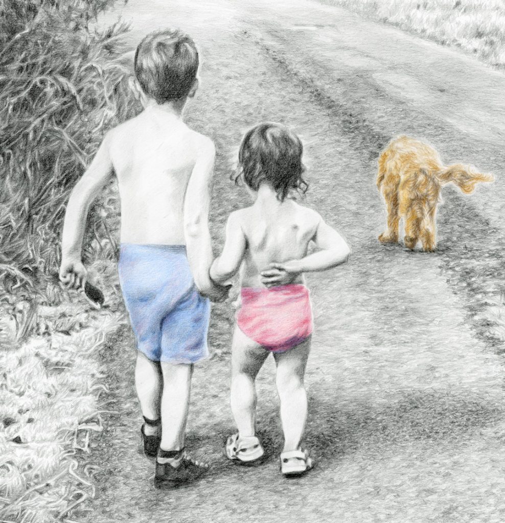 detail of a pencil sketch of two children and a dog