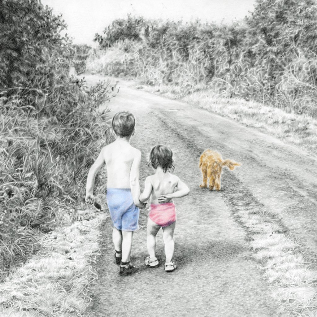 pencil portrait drawing of a boy and girl walking their cocker spaniel dog