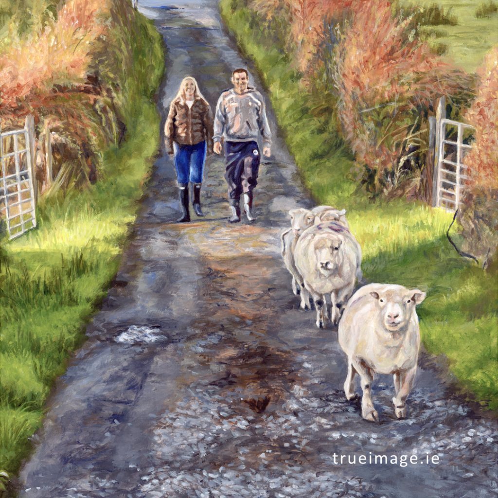 couple walking smiling with their sheep