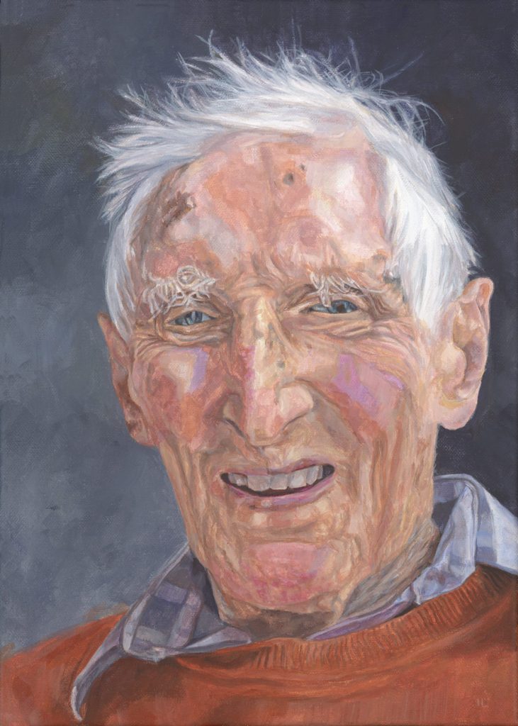 acrylic portrait painting of a smiling elderly man