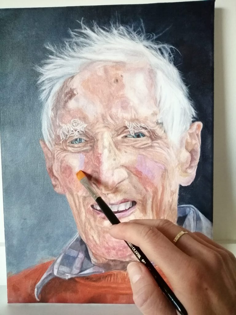 painting with acrylic on canvas of an elderly man smiling