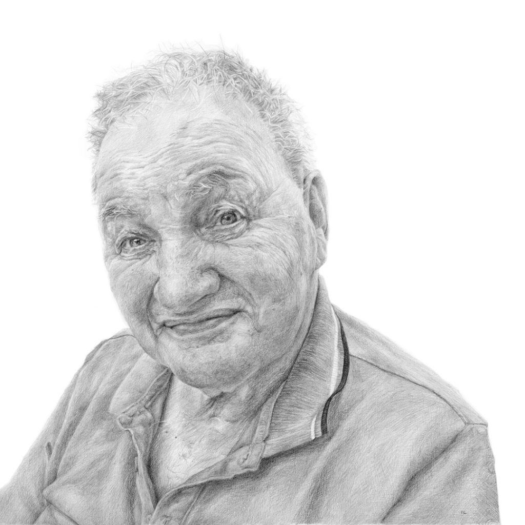 a pencil portrait of an elderly man smiling