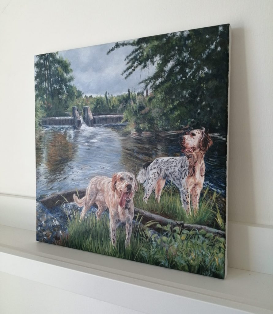 commissioned acrylic painting of english setter dogs on a river