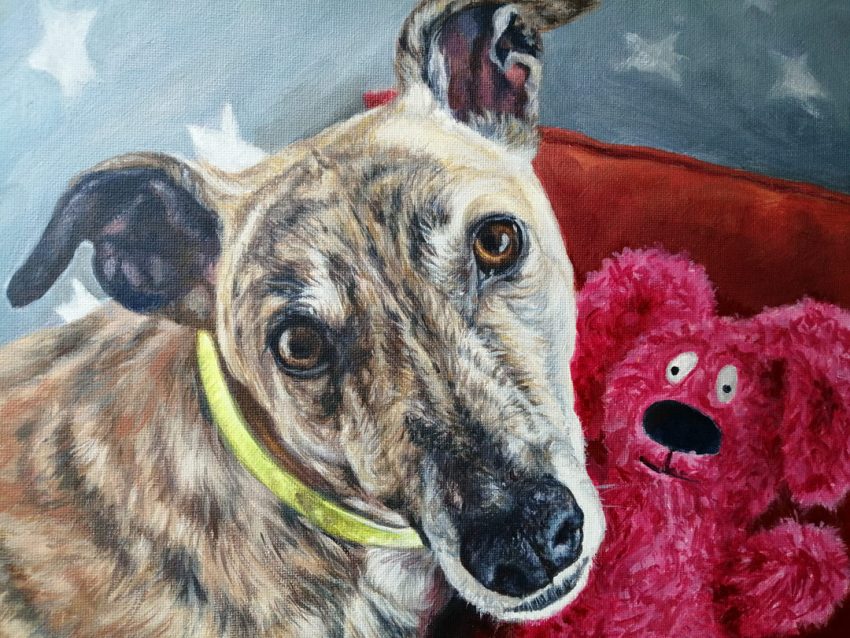 detail of a greyhound pet portrait painting
