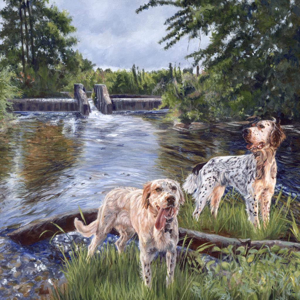 english setter dog painting with river and waterfall