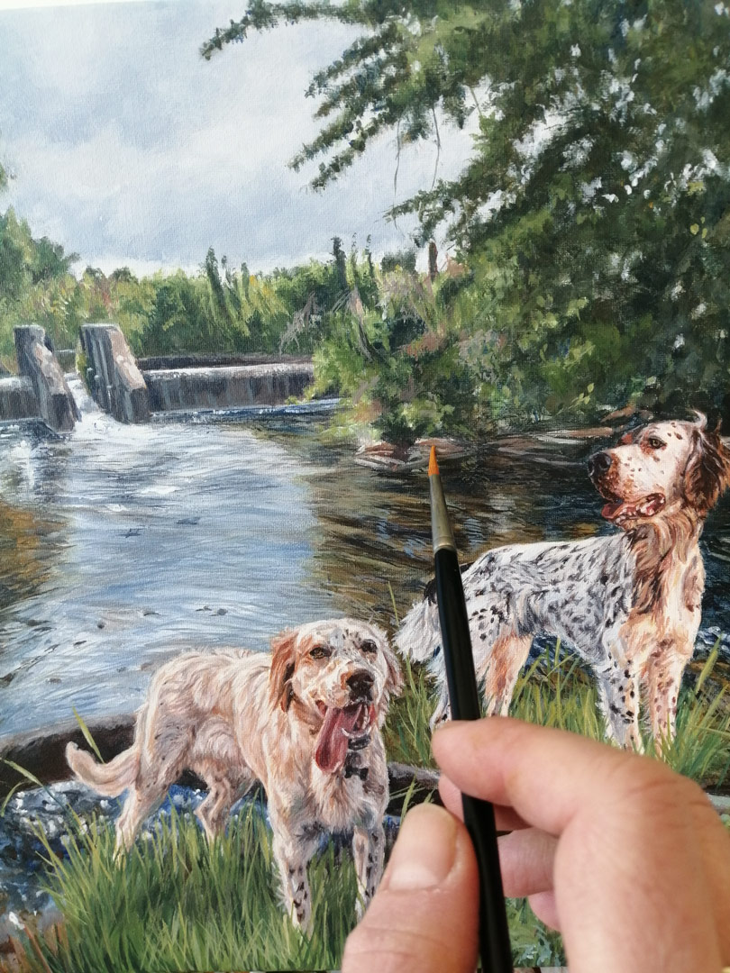 work in progress on a dog portrait painting in acrylic
