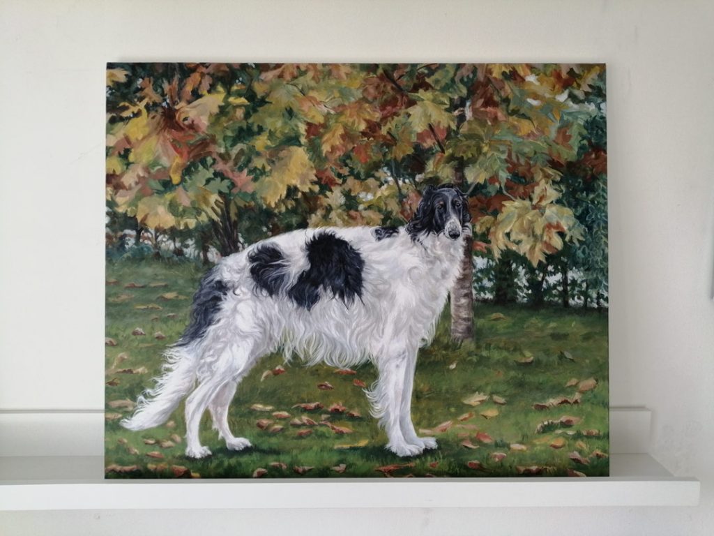 acrylic pet portrait on stretched canvas, russian wolfhound dog