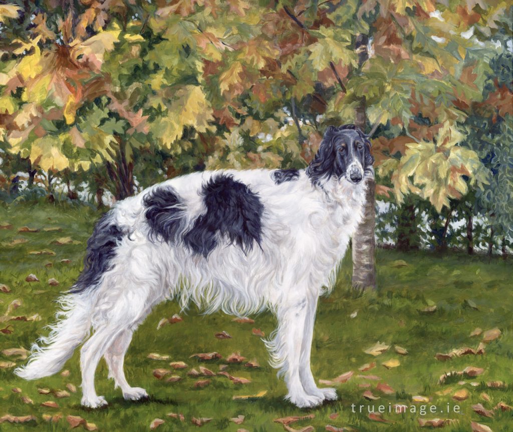 pet portrait painting in acrylic of a russian wolfhound standing in an autumn garden