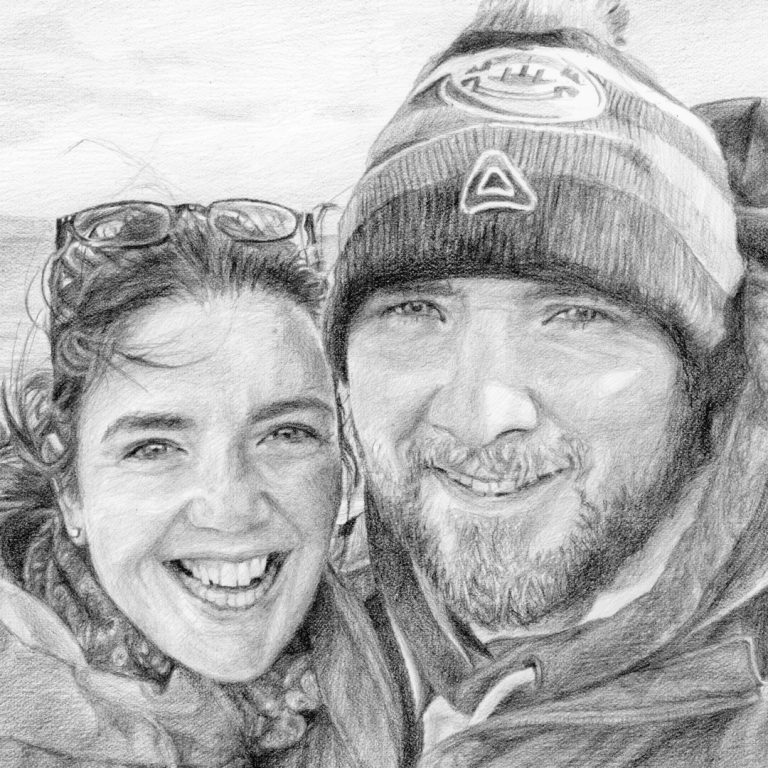 detail of the pencil portrait drawing of a couple