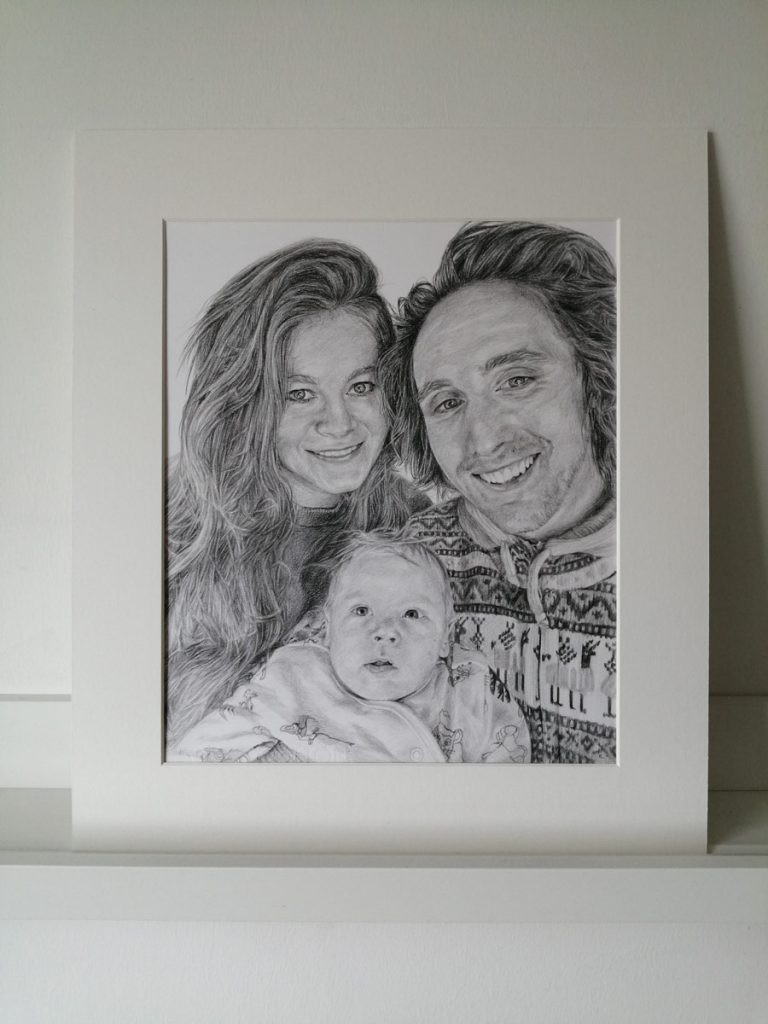 the finished family sketch in a mount