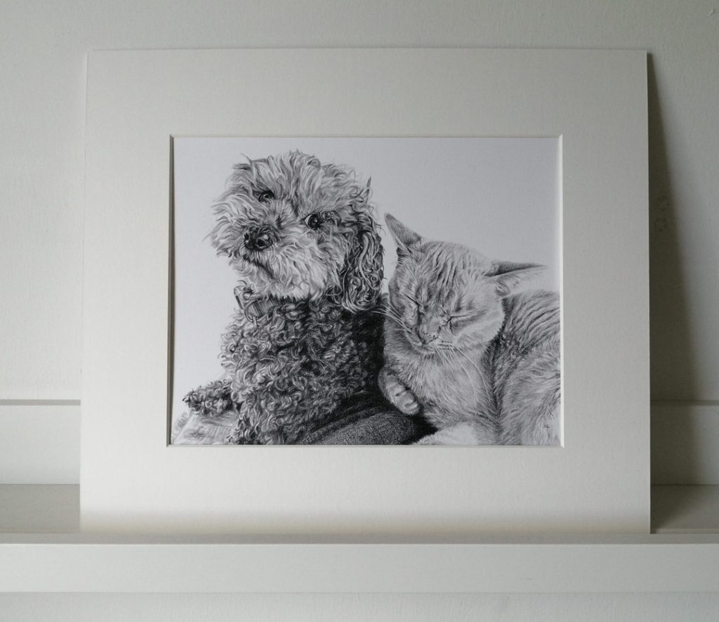 pencil portrait of a dog and cat in a mount