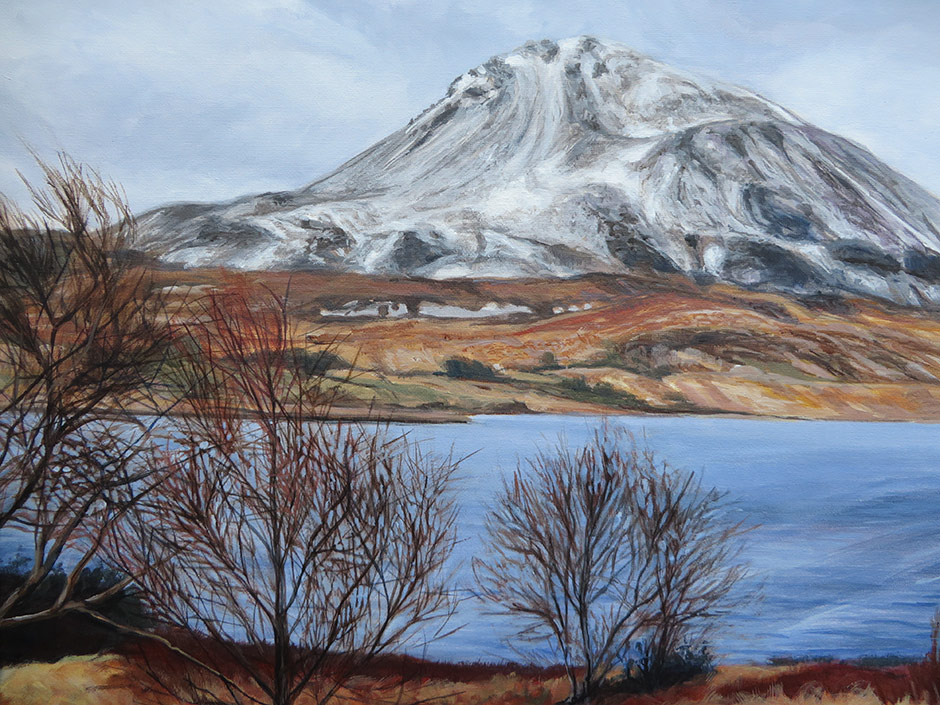 close up of a landscape painting of mt errigal mountain