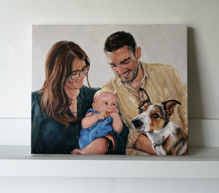 family and dog portrait painting in acrylic on stretched canvas, commission your own