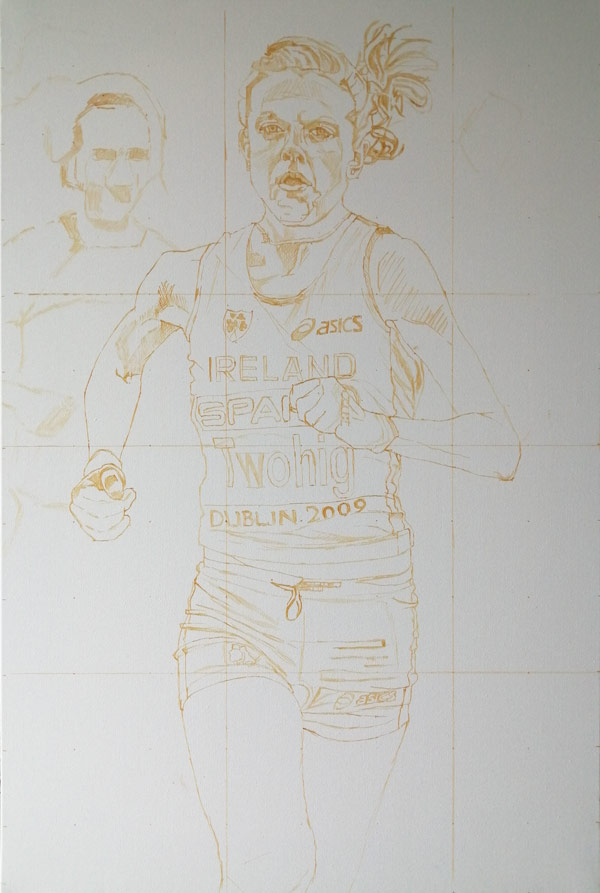 initial sketch for an acrylic painting of a runner