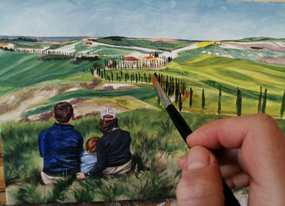 work progress on landscape painting with a family