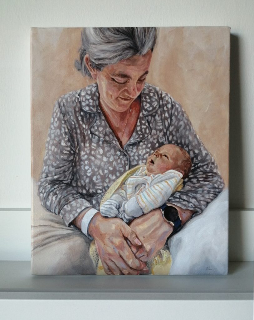 mother holding her baby son portrait painting