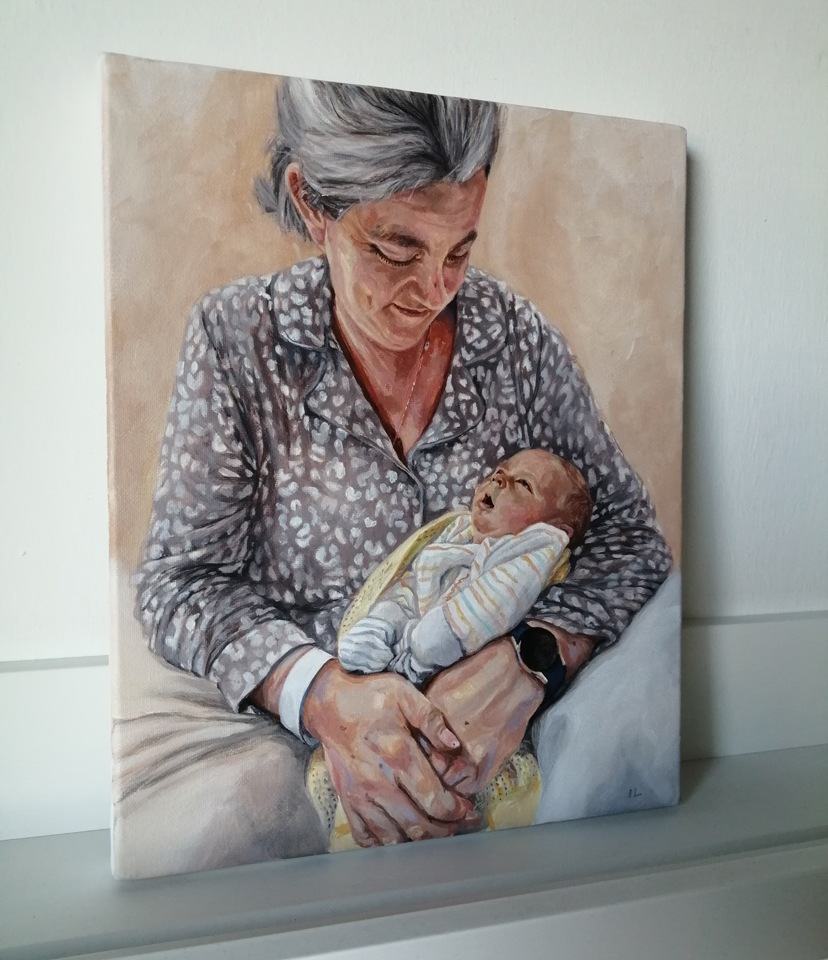canvas side of an acrylic portrait painting of a family