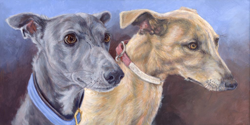 portrait painting of two whippet pet dogs from a photo