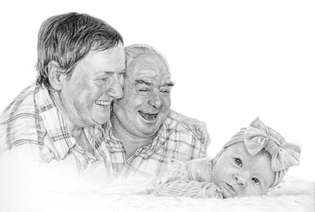 family pencil portrait drawing of a baby and grandparents