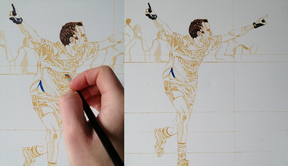 initial sketch for a football match painting