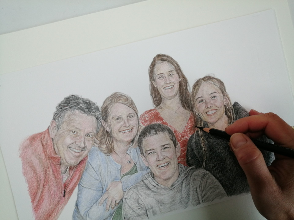 work in progress on a family portrait drawing