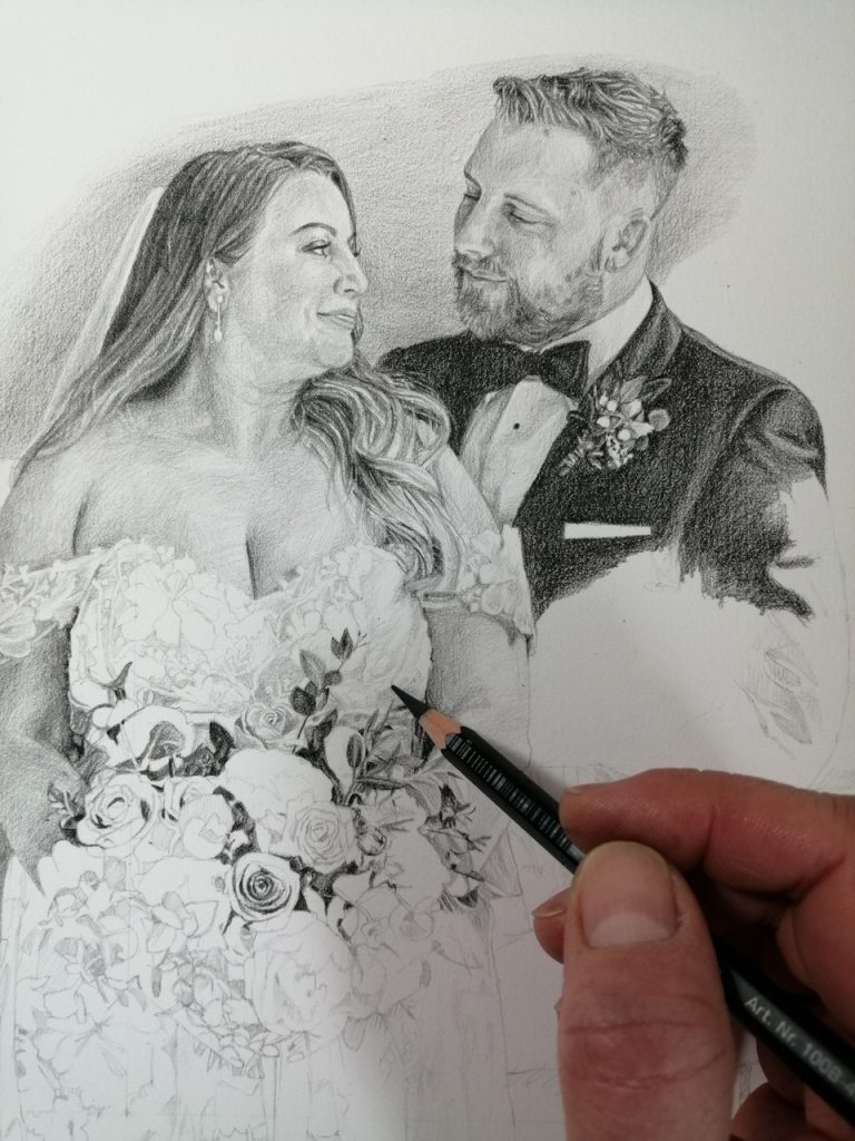 shading a pencil portrait of bride and groom