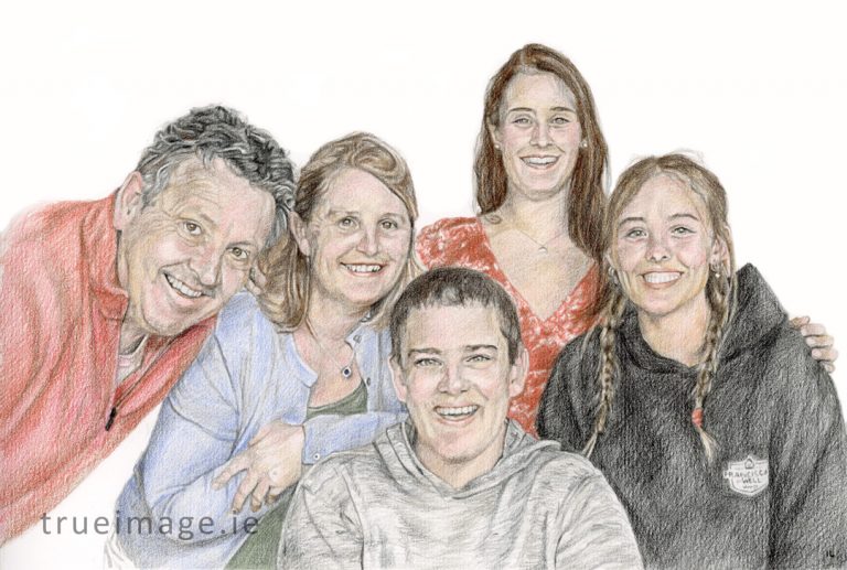 family portrait in coloured pencil on paper, portraits from photos