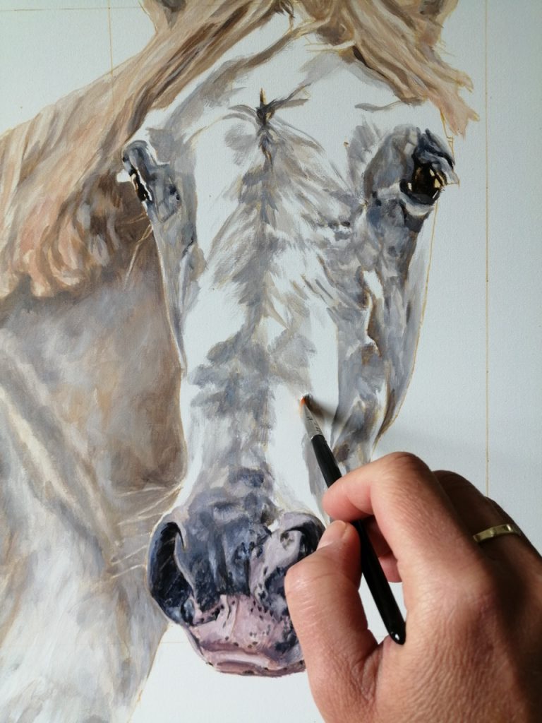 colour blocking a portrait painting of a grey horse