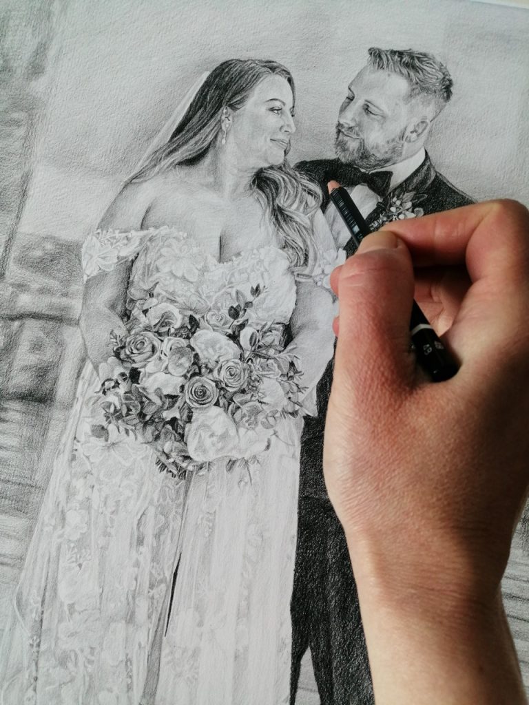 pencil portrait detailing of a wedding drawing from photo