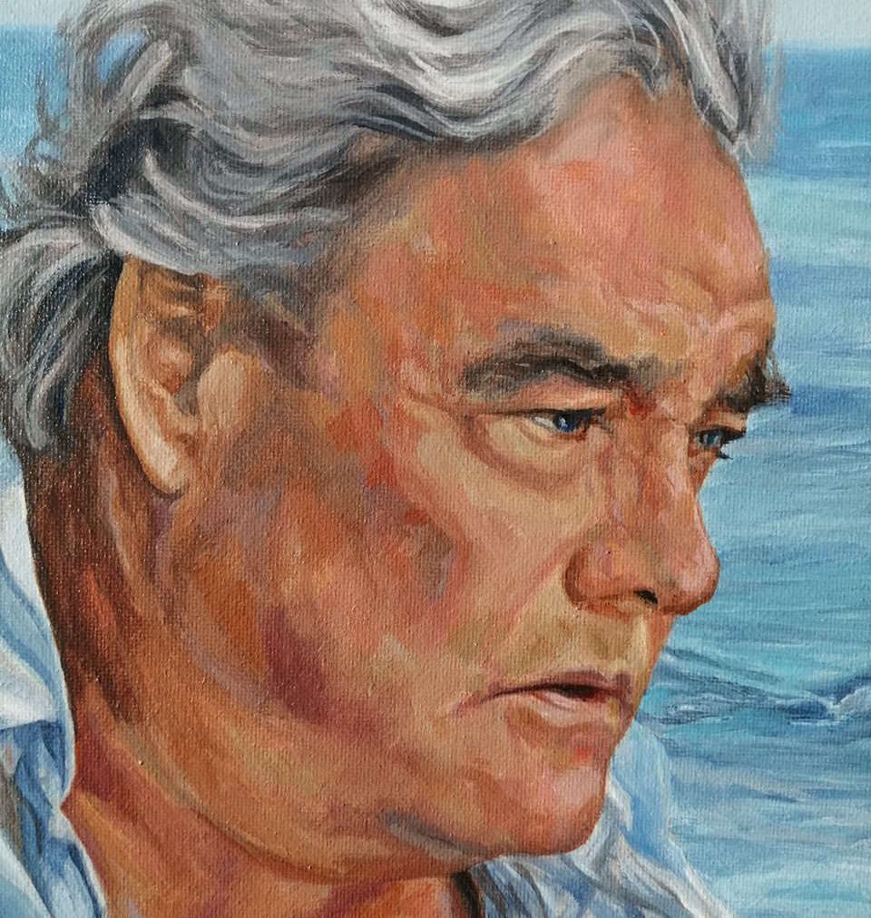 close up detail of a painting of a man