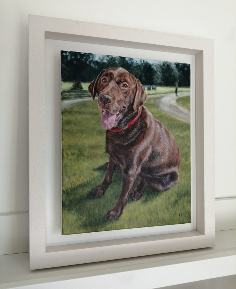 framed acrylic portrait painting of a brown dog